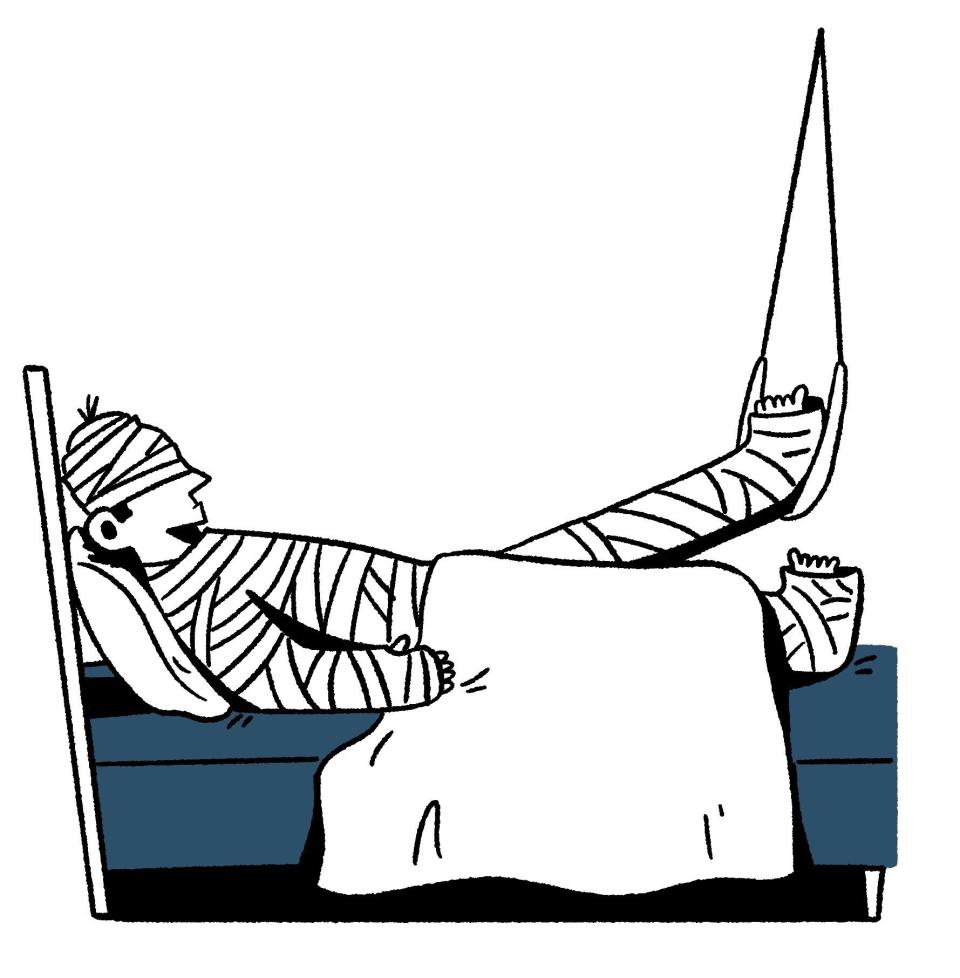 illustration of man in bandages in bed