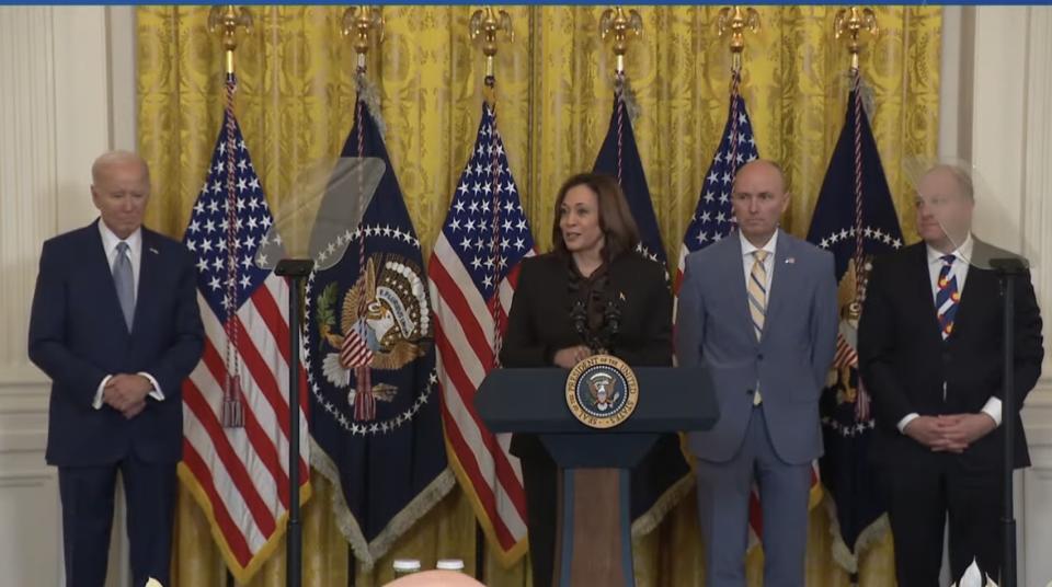 Vice President Kamala Harris speaks as members of the National Governors Association meet with her and President Joe Biden at the White House on Feb. 23, 2024. At right are Utah Gov. Spencer Cox, NGA chair, and Colorado Gov. Jared Polis, NGA vice chair.
