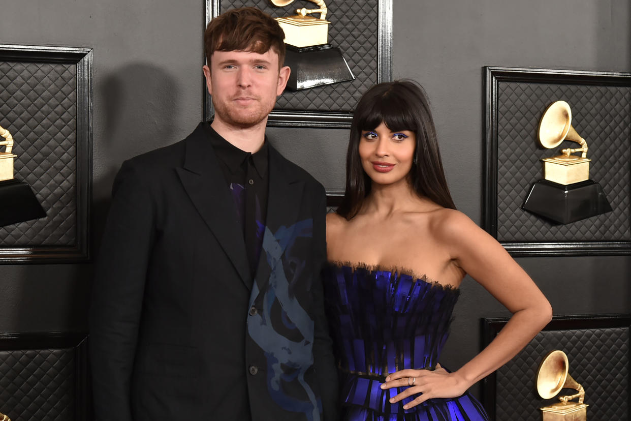 LOS ANGELES, CA - JANUARY 26: James Blake and Jameela Jamil attend the 62nd Annual Grammy Awards at Staples Center on January 26, 2020 in Los Angeles, CA. (Photo by David Crotty/Patrick McMullan via Getty Images)