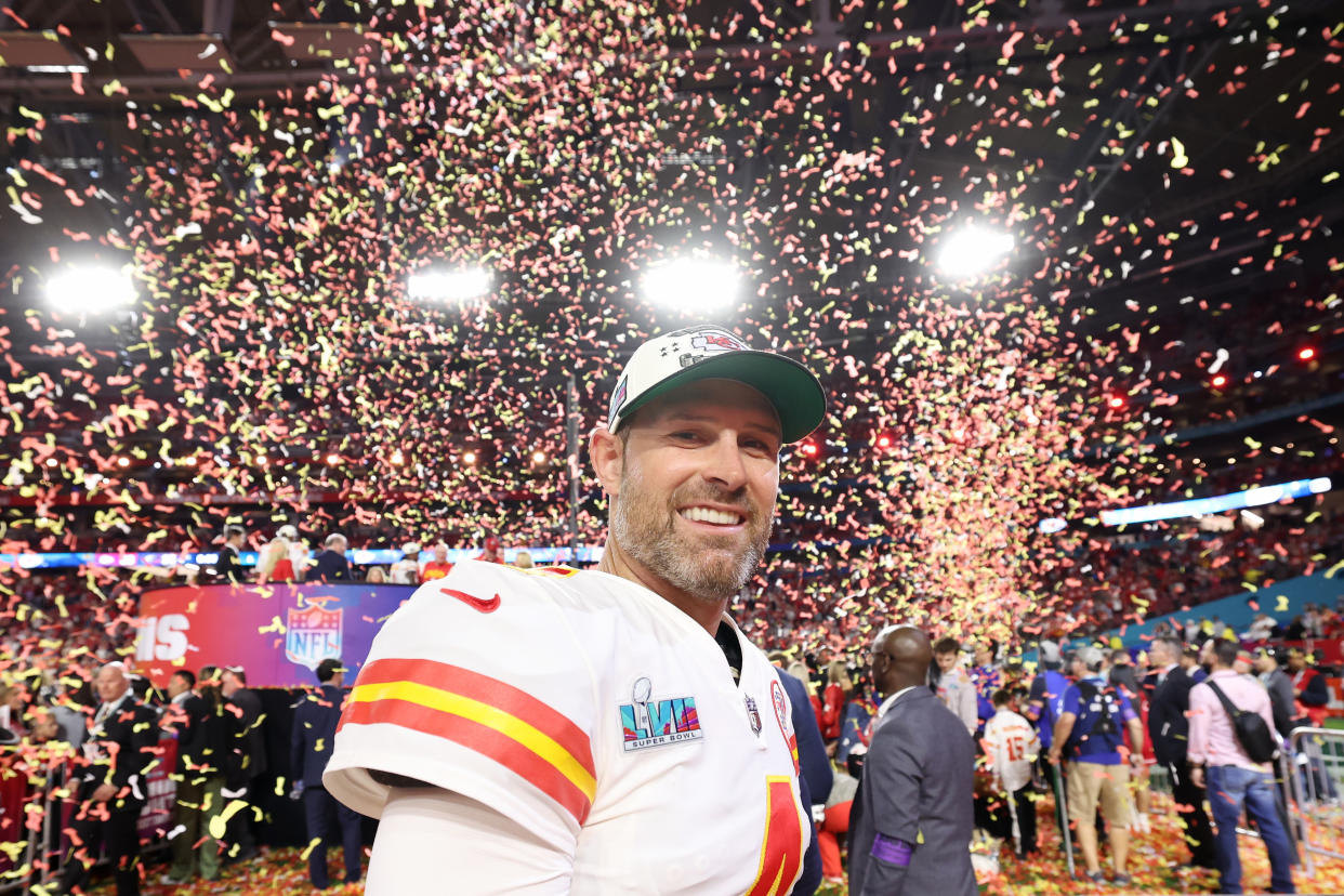 Kansas City Chiefs backup quarterback Chad Henne celebrates after defeating the Philadelphia Eagles 38-35 in Super Bowl LVII at State Farm Stadium on February 12, 2023 in Glendale, Arizona. (Photo by Christian Petersen/Getty Images)