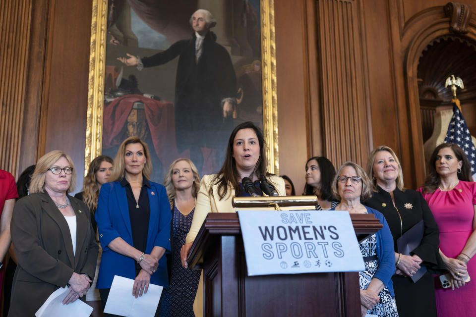 House Republican Conference Chair Elise Stefanik, R-N.Y., speaks as GOP women members hold an event before the vote to prohibit transgender women and girls from playing on sports teams that match their gender identity, at the Capitol in Washington, Thursday, April 20, 2023. The Protection of Women and Girls in Sports Act of 2023 would amend Title IX, the federal education law that bars sex-based discrimination, to define sex as based solely on a person's reproductive biology and genetics at birth. (AP Photo/J. Scott Applewhite)