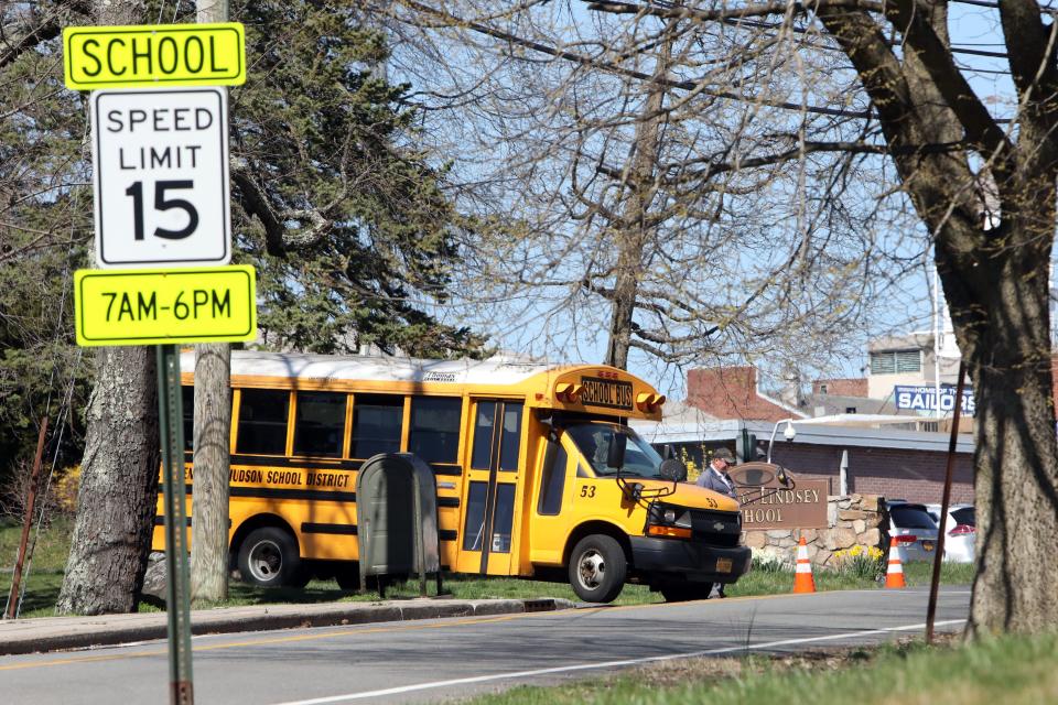 A school bus leaves Frank G. Lindsey Elementary School after dismissal April 10, 2023 in Montrose.