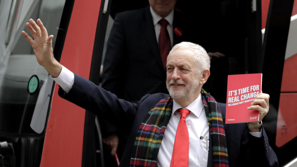 Jeremy Corbyn, Leader of Britain's opposition Labour Party waves upon arriving for the launch of Labour's General Election manifesto, at Birmingham City University, England, Thursday, Nov. 21, 2019. Britain goes to the polls on Dec. 12. (AP Photo/Kirsty Wigglesworth)