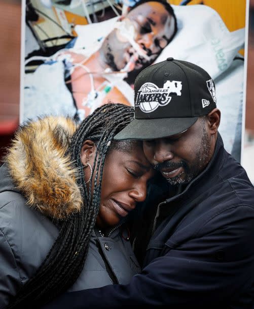 PHOTO: Kenyana Dixon is comforted during a rally for her brother, Tyre Nichols, at the National Civil Rights Museum in Memphis, Tenn., Jan. 16, 2023. (Mark Weber/AP)