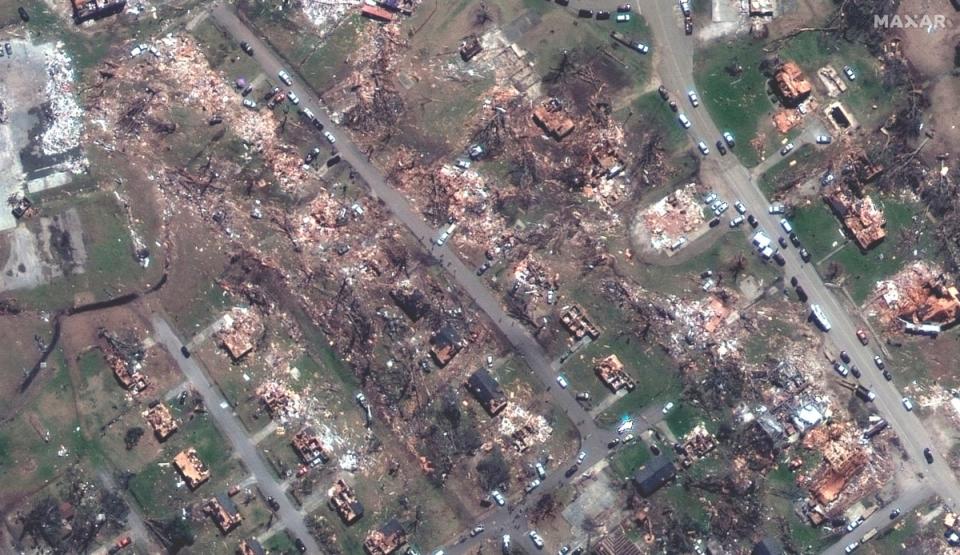 Walnut and Mulberry streets in Rolling Fork, on Sunday, March 26 2023 after a tornado wreaked havoc in the area (Satellite image ©2023 Maxar Technologies)