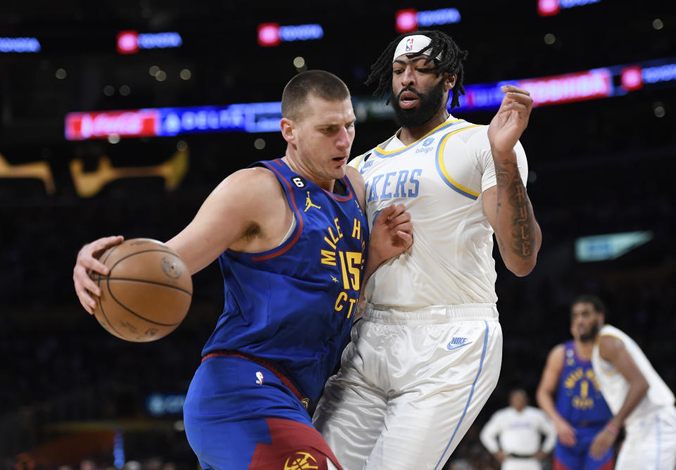 Nikola Jokic of the Denver Nuggets will match up against the Los Angeles Lakers and Anthony Davis in the Western Conference finals. (Photo by Kevork Djansezian/Getty Images)