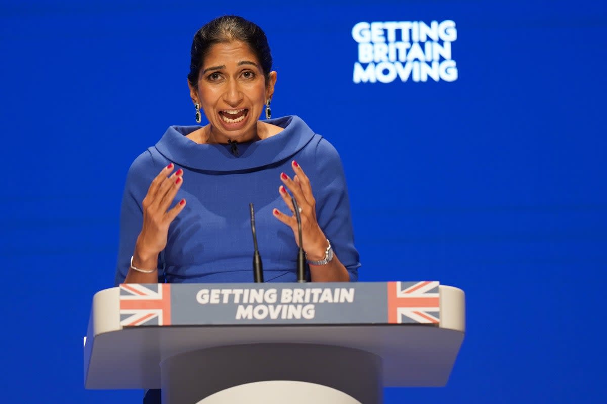 Home Secretary Suella Braverman speaking at the Conservative Party annual conference  (PA)