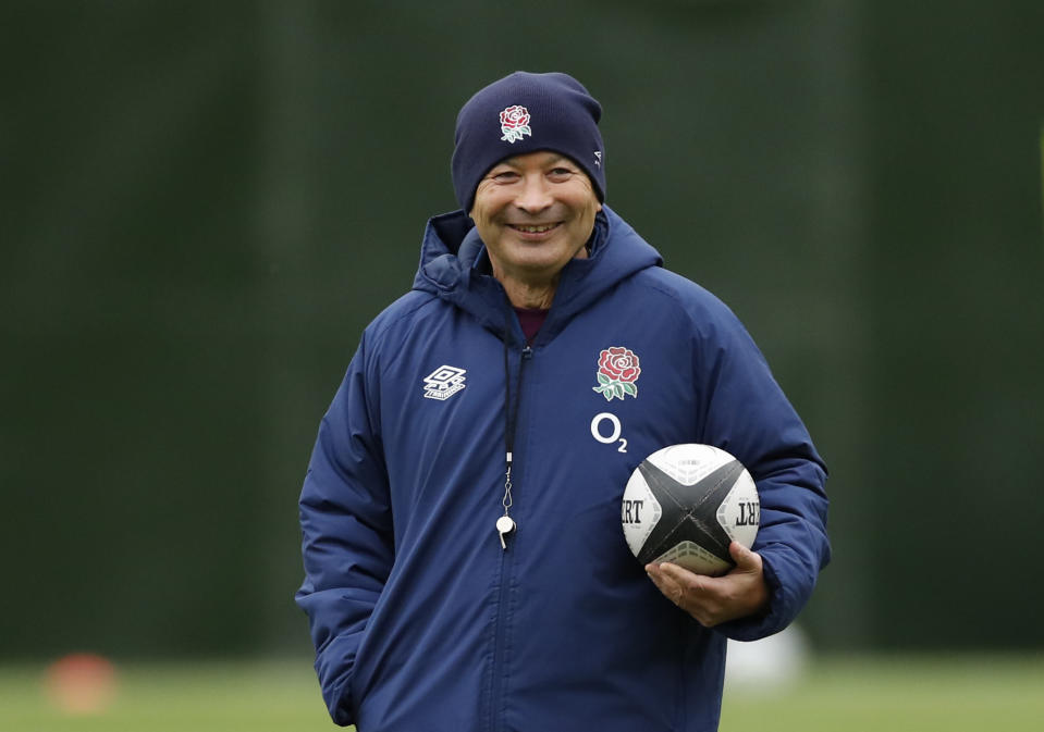 England's head coach Eddie Jones watches his players during an England rugby union team training session at Twickenham Stadium in London, Friday, Oct. 16, 2020. England will play a series of matches over the autumn starting with the game against the Barbarians on Oct. 25. (Andrew Boyers /Pool via AP)