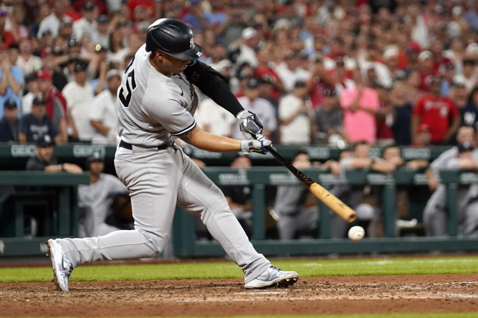 New York Yankees' Gleyber Torres strikes out swinging for the final out of a baseball game against the St. Louis Cardinals Saturday, Aug. 6, 2022, in St. Louis. The Cardinals won 1-0. (AP Photo/Jeff Roberson)