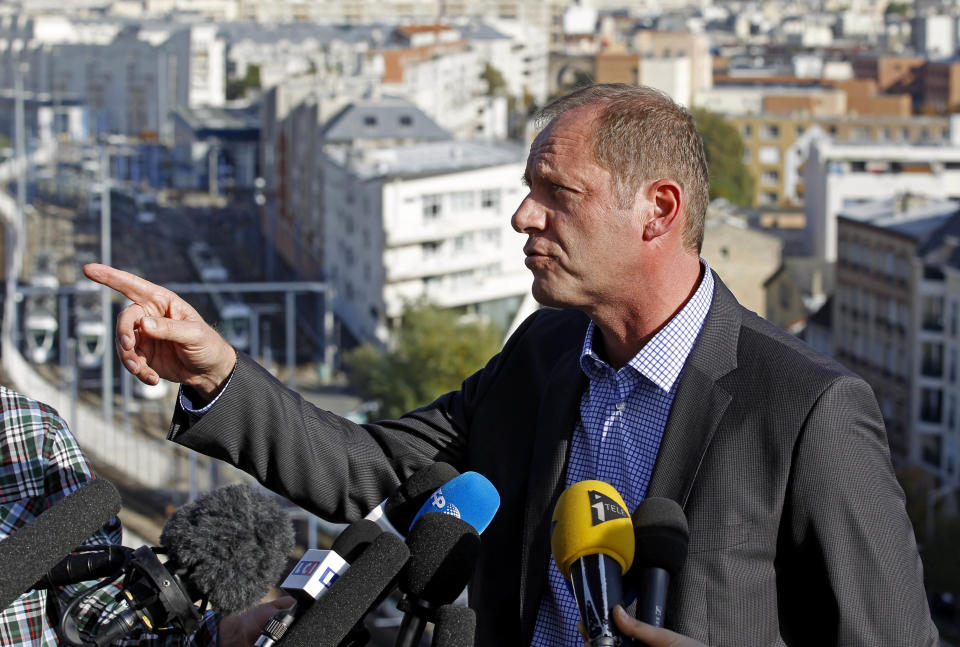 Tour de France director Christian Prudhomme addresses reporters at the headquarters of ASO, the owners of the race, in Issy Les Moulineaux , west of Paris, Monday Oct. 22, 2012. Prudhomme said Monday he no longer considers Lance Armstrong a seven-time winner of the world's most prestigious cycling race. (AP Photo/Remy de la Mauviniere)