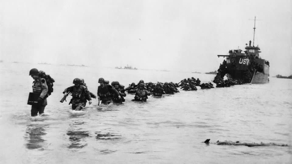 Picture taken on June 6, 1944 in Normandy showing the Allied forces soldiers involved in the landing operation aimed at fighting the German Wehrmacht. - US National Archives/AFP/Getty Images