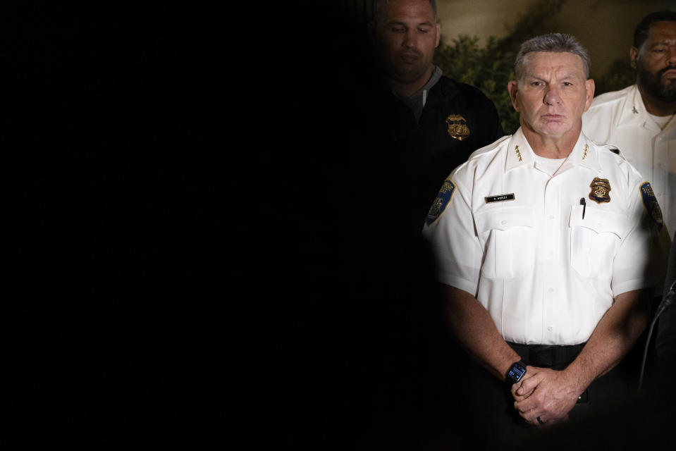 Commissioner Rich Worley attends a news conference at Morgan State University after a shooting, Wednesday, Oct. 4, 2023, in Baltimore. Multiple people were wounded, none critically, in a shooting that interrupted a homecoming week celebration at the university in Baltimore on Tuesday and prompted an hourslong lockdown of the historically Black college. (AP Photo/Julia Nikhinson)