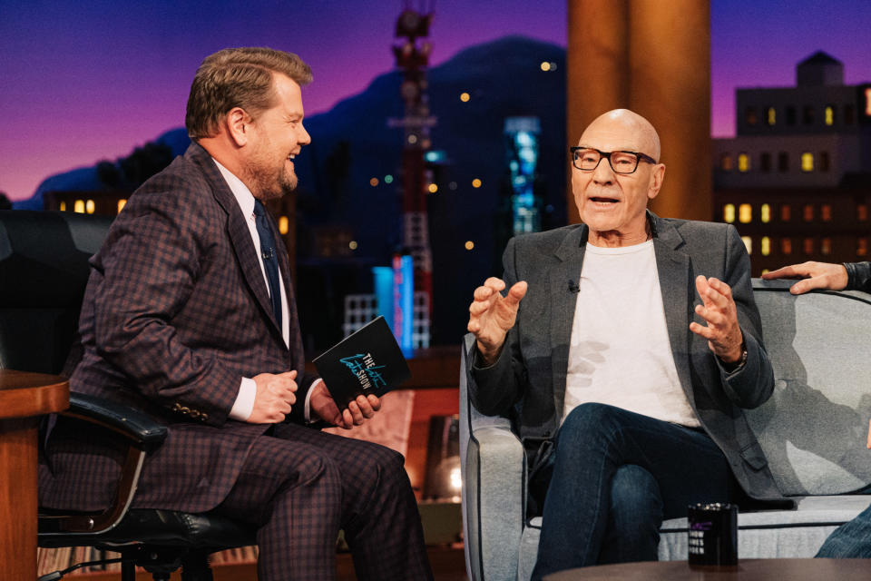 LOS ANGELES - MARCH 2: The Late Late Show with James Corden airing Wednesday, March 2, 2022, with guests Patrick Stewart and Colin Farrell. (Photo by Terence Patrick/CBS via Getty Images)