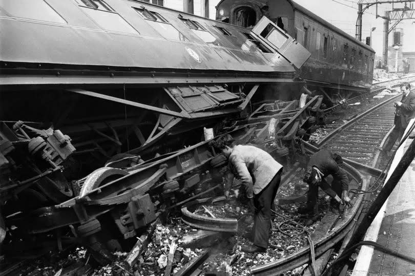 Train carriages destroyed after the accident.  May 1964