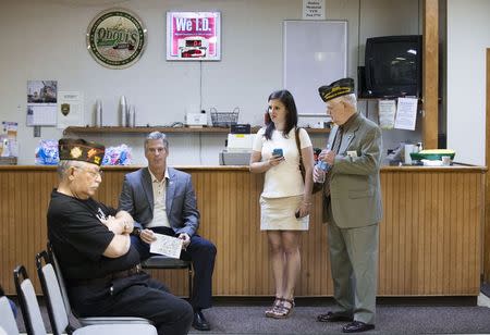 Scott Brown, a Republican candidate for the U.S. Senate, waits to begin a town hall campaign stop at a VFW post in Hudson, New Hampshire September 3, 2014. REUTERS/Brian Snyder