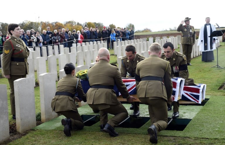 The bodies of the two soldiers from the Australian Imperial Force's 24th infantry battalion were discovered by a disused railway track three years ago and identified through DNA testing of their relatives