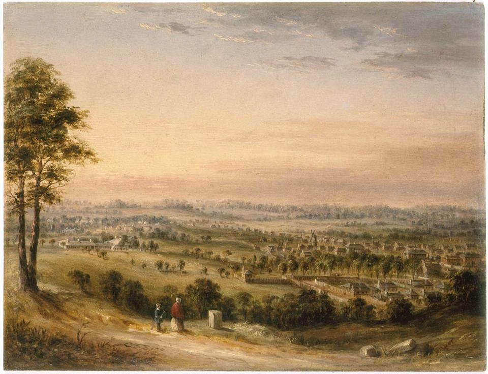 <span class="caption">View of the town of Parramatta from May's Hill, ca. 1840. Painting attributed to G. E. Peacock.</span> <span class="attribution"><span class="source">State Library New South Wales</span></span>