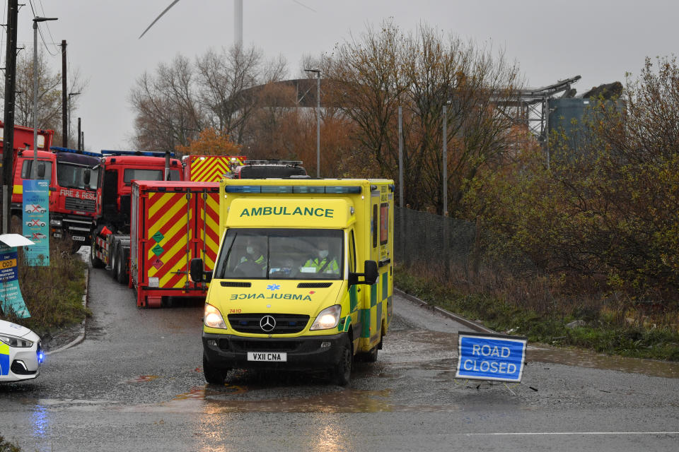 The scene in Avomouth, Bristol, as fire crews, police and paramedics are responding to a large explosion at a warehouse where there have been multiple casualties. (PA)