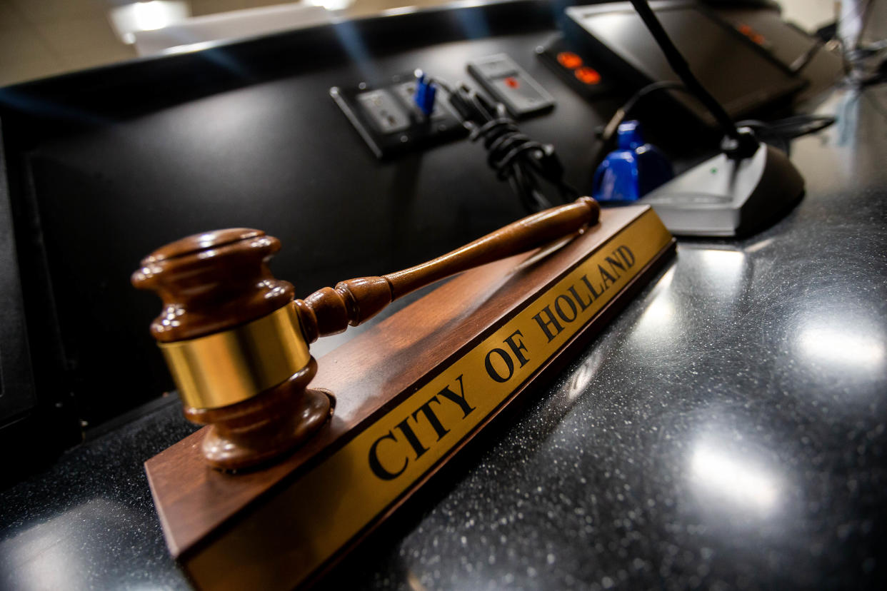 A gavel for the City of Holland rests in the city council chambers Monday, Sept. 20, 2021 located at 270 South River Ave in downtown Holland. 