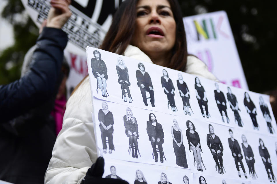 FILE - In this Monday, April 9, 2018 file photo, Sonia Ossorio, center, president of the National Organization for Women of New York, leads a protest after Bill Cosby arrived for his sexual assault trial at the Montgomery County Courthouse in Norristown, Pa. On Wednesday, June 30, 2021, as the nation watched Cosby released from prison, some worried it would have a chilling effect on survivors, who often don't come forward because they don't believe it will bring justice. And they wondered whether some of the movement’s momentum, already slowed by the pandemic, would be lost amid the feeling that another powerful man had gotten away with it — albeit on a technicality. (AP Photo/Corey Perrine, File)