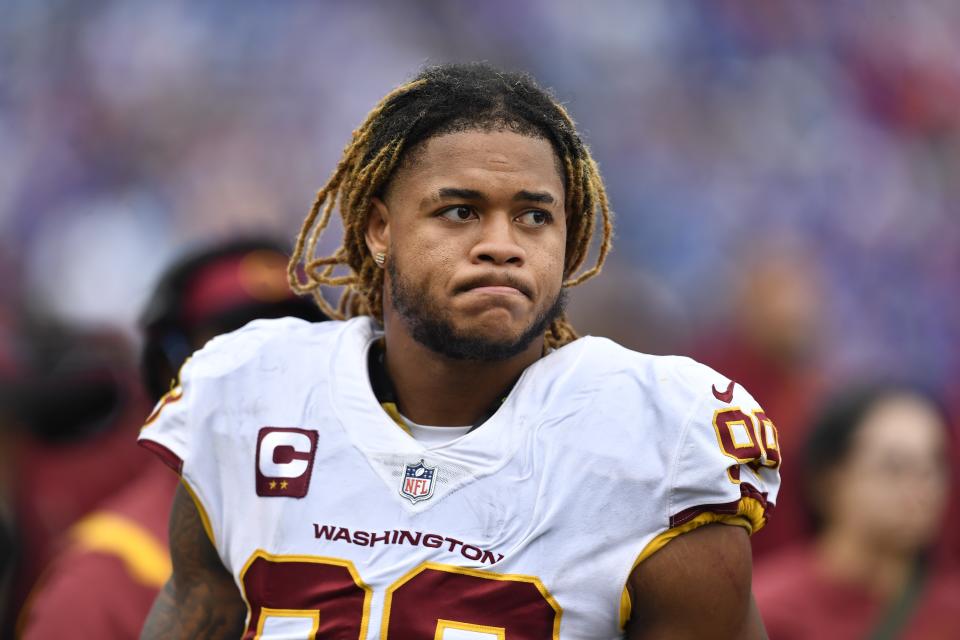 Washington Football Team defensive end Chase Young (99) reacts during the second half of an NFL football game against the Buffalo Bills Sunday, Sept. 26, 2021, in Orchard Park, N.Y. The Bills won 43-21.(AP Photo/Adrian Kraus)