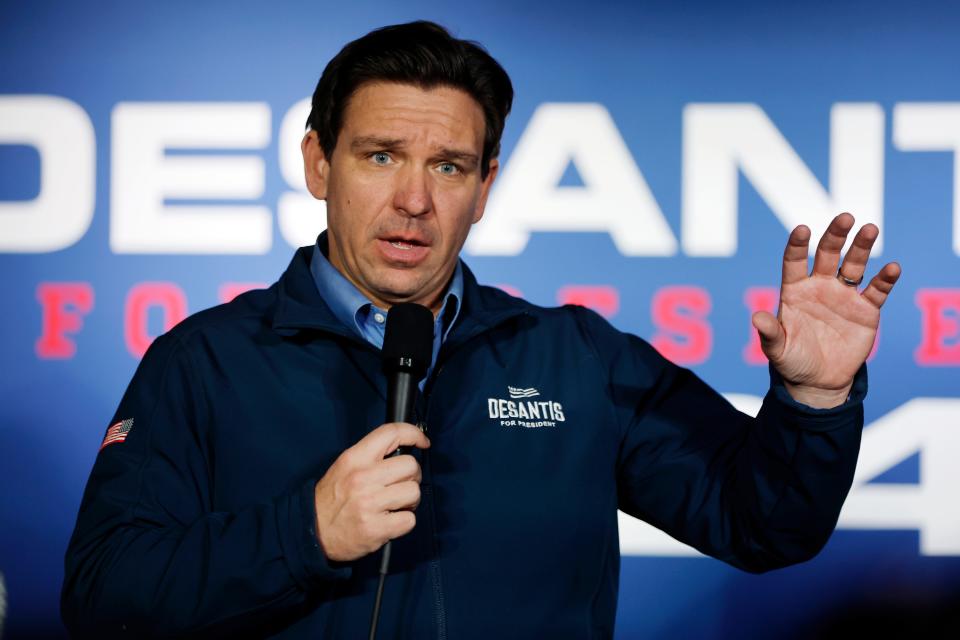 Republican presidential candidate Florida Gov. Ron DeSantis speaks during a campaign event at Wally's bar, Wednesday, Jan. 17, 2024, in Hampton, N.H.