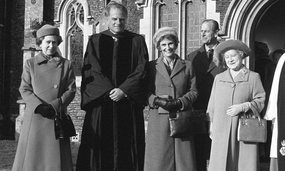 US evangelist Billy Graham (second left) with his wife Ruth, Queen Elizabeth II, the Duke of Edinburgh and the Queen Mother, when he preached at Sandringham parish church in 1984. 