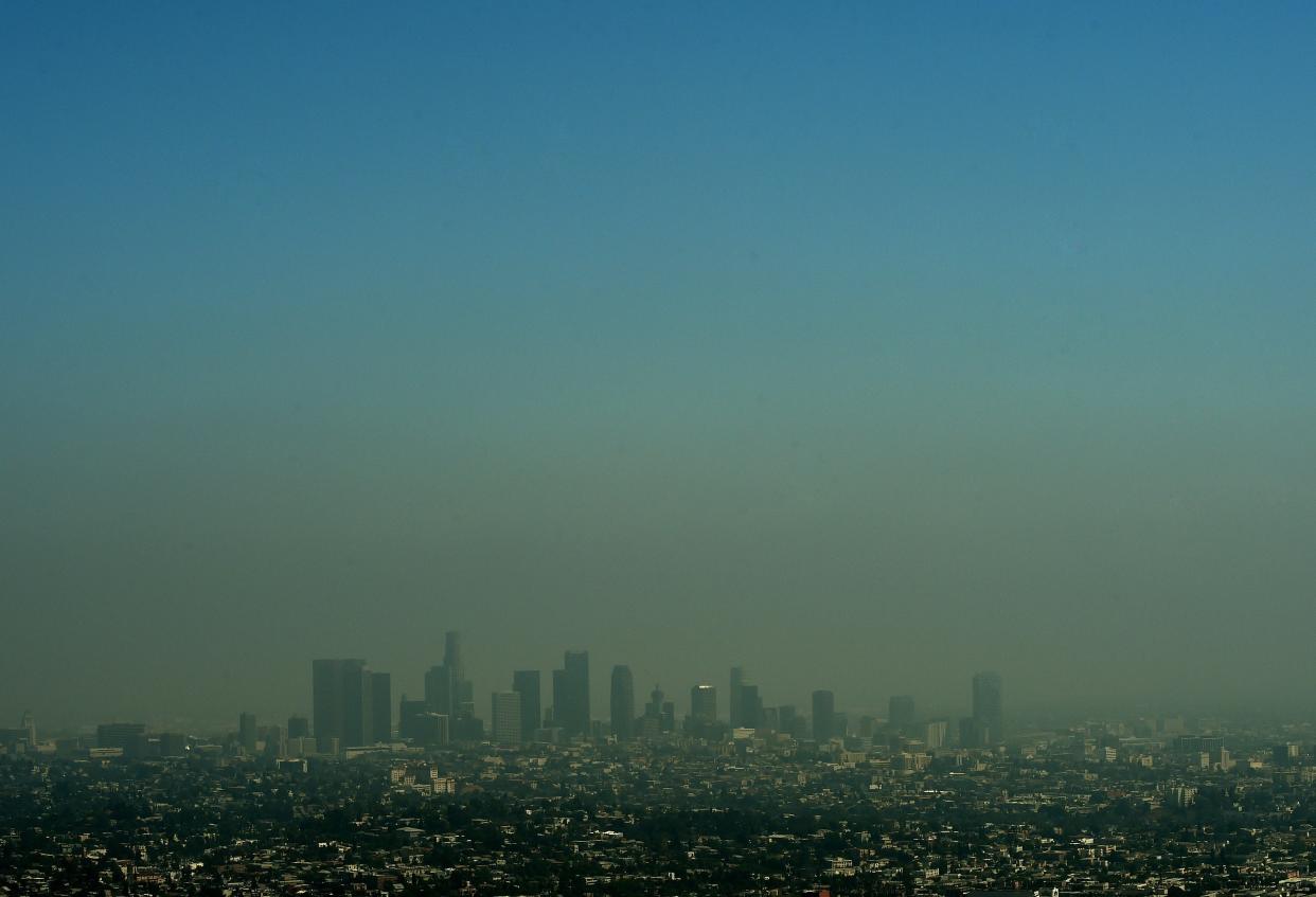 Los Angeles city skyline as heavy smog shrouds the city on May 31, 2015. 