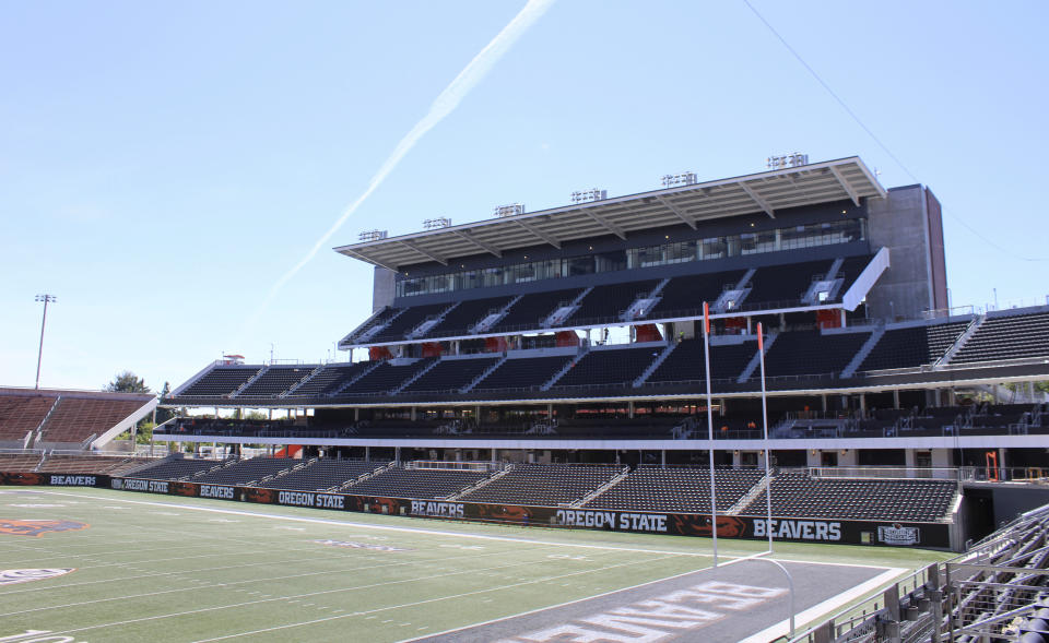 The new west side of Oregon State's Reser Stadium is shown Tuesday, Aug. 8, 2023, following a renovation project that cost more than $160 million. Oregon State is looking for stability for its teams after the college sports realignment that has destabilized the Pac-12. (AP Photo/Tim Booth)