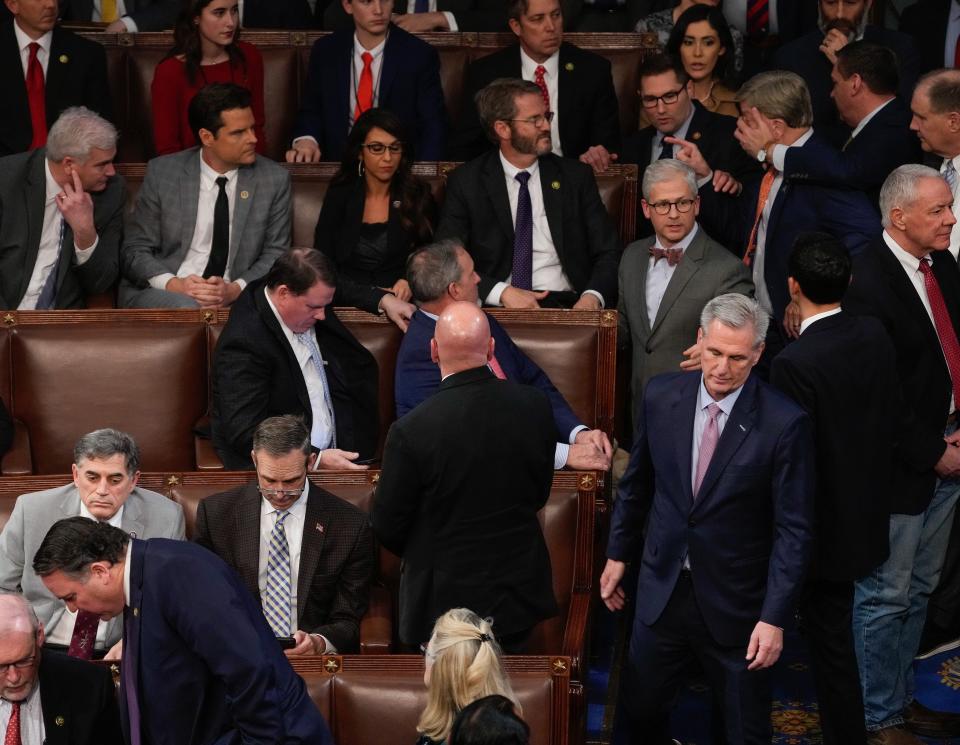 Jan 6, 2023; Washington, DC, USA; Kevin McCarthy (R-Calif.) walks away from Matt Gaetz (R-Fla.) as an altercation with Rep. Mike Rogers (R-Ala.) breaks out during a session of the House of Representatives reconvened on Friday, Jan. 6, 2023, to elect a speaker of the House. Mandatory Credit: Jack Gruber-USA TODAY