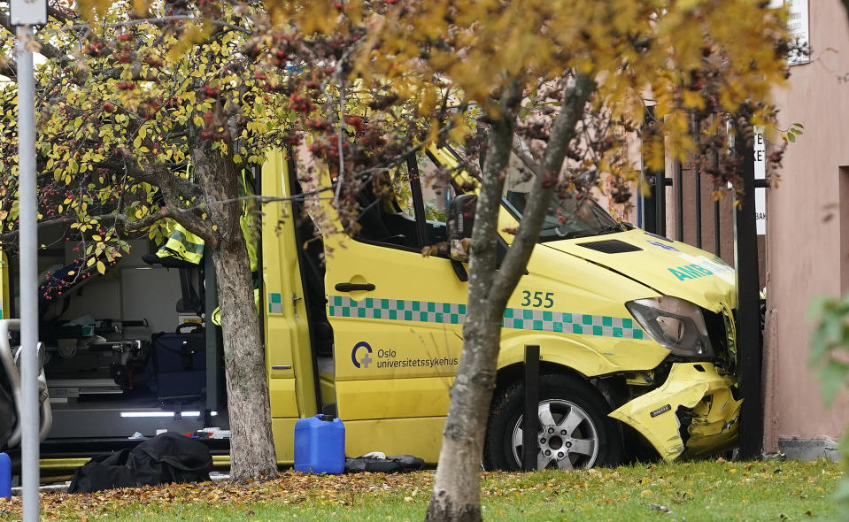 A damaged ambulance is seen crashed into a building after an incident in the center of Oslo, Tuesday, Oct. 22, 2019. Norwegian police opened fire on an armed man who stole an ambulance in Oslo and reportedly ran down several people. (Stian Lysberg Solum/NTB scanpix via AP)