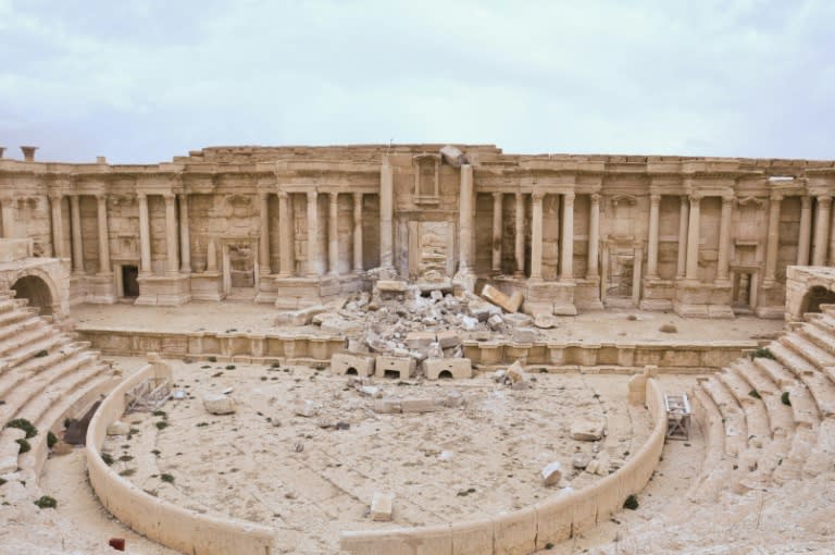 The damaged Roman amphitheatre in the ancient city of Palmyra after being recaptured by Syrian troops, backed by Russian jets, in March 2017