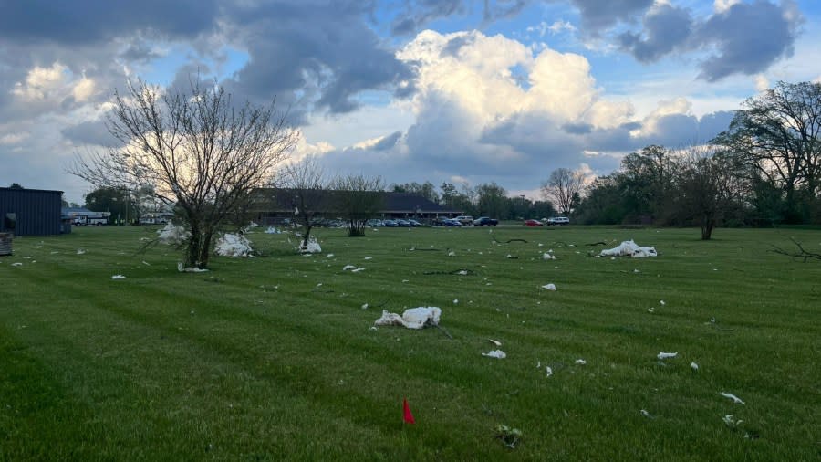 Debris strewn about a field in Centreville after a tornado. (May 7, 2024)
