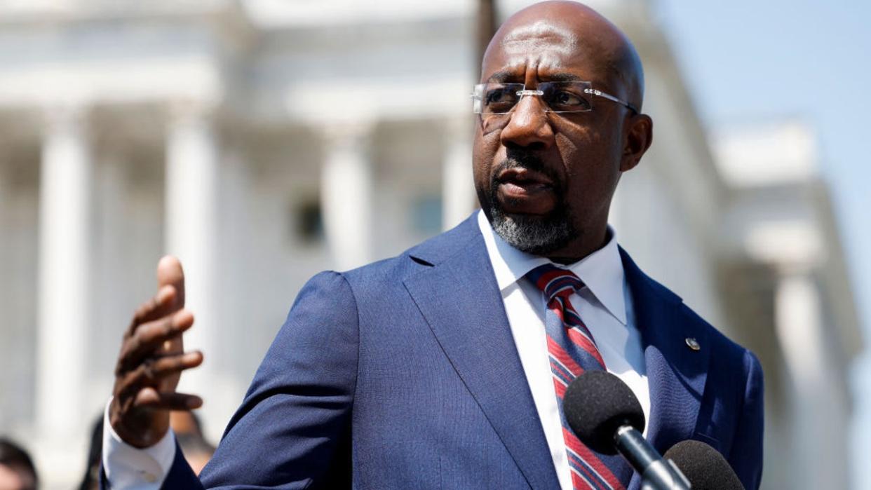 <div>Sen. Raphael Warnock speaks at a press conference on Gun Safety legislation outside the U.S. Capitol Building on May 18, 2023 in Washington, DC. (Photo by Anna Moneymaker/Getty Images)</div>