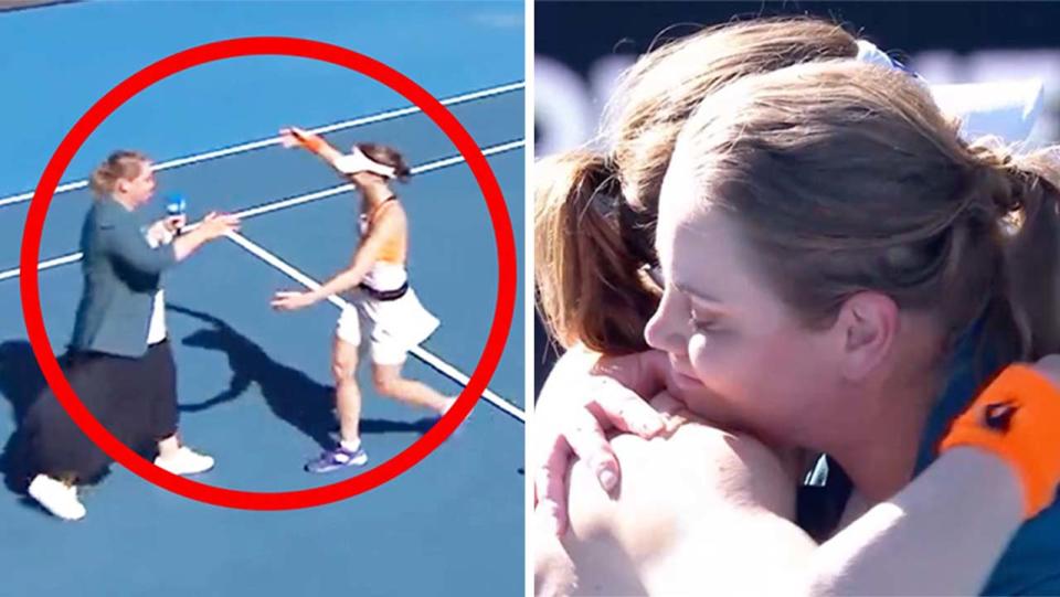 Australian Open quarter-finalist Alize Cornet shared a beautiful moment with commentator Jelena Dokic (pictured) during their interview. (Images: Australian Open/Eurosport)