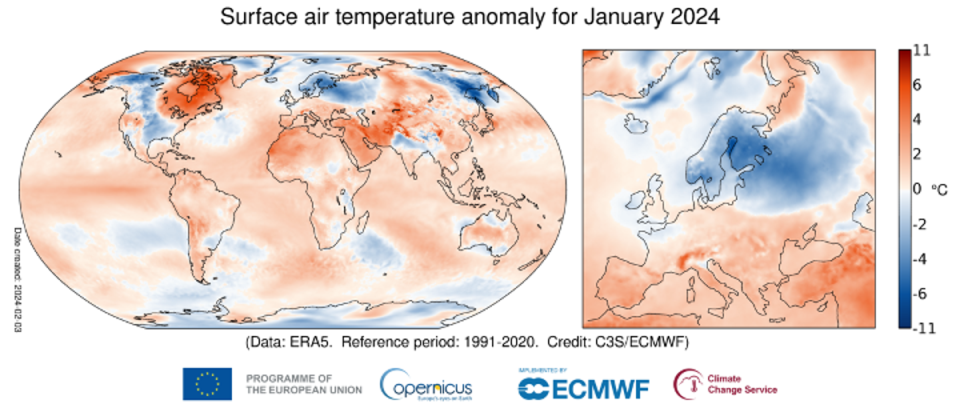 Map shows surface air temperatures for January with areas in pink and red showing temperature levels hotter than average (Copernicus Climate Change Service (C3S))