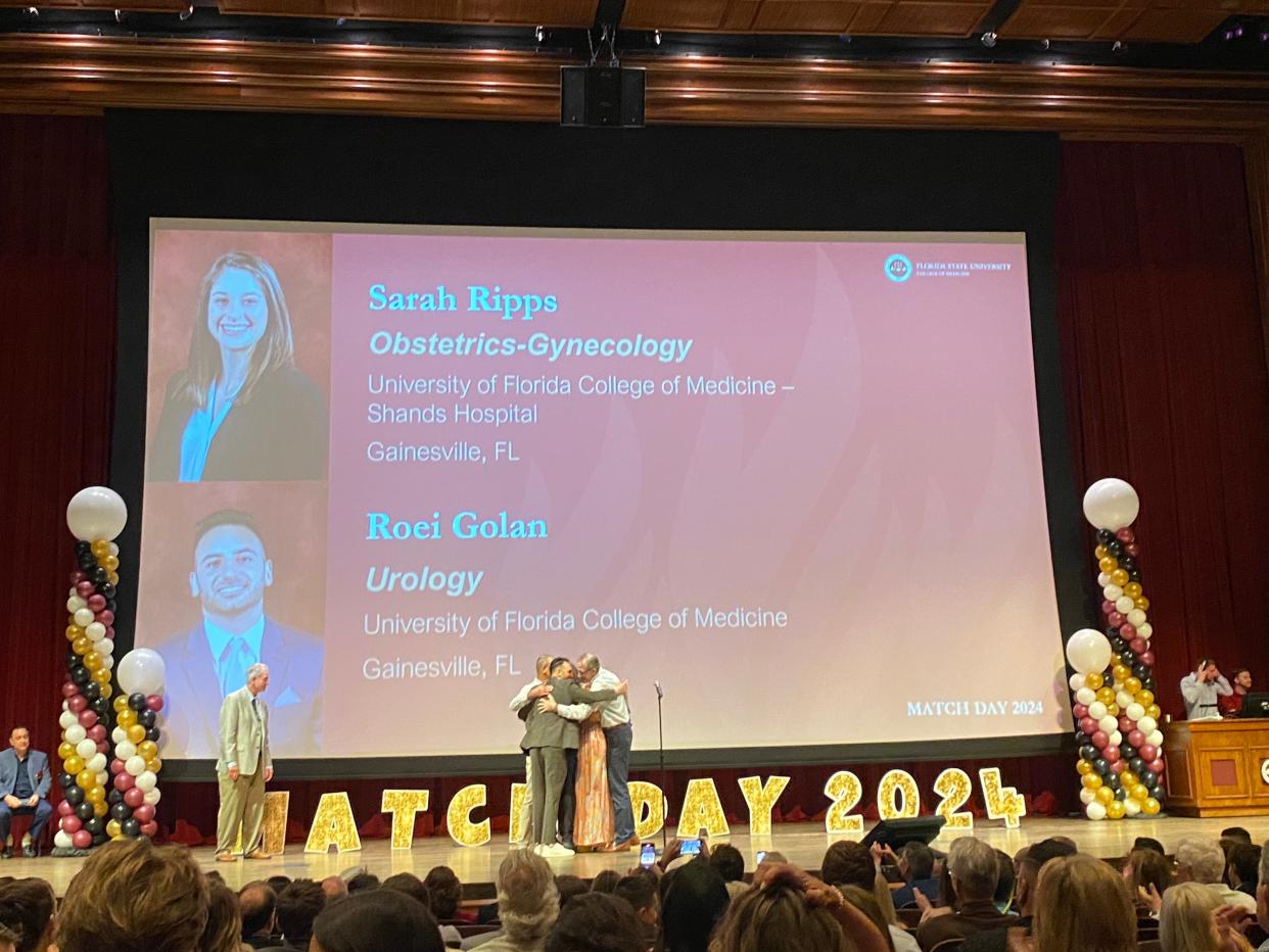 FSU medical students and couple Sarah Ripps and Roei Golan announce where they both matched during a Match Day ceremony at Ruby Diamond Concert Hall Friday, March 15, 2024.