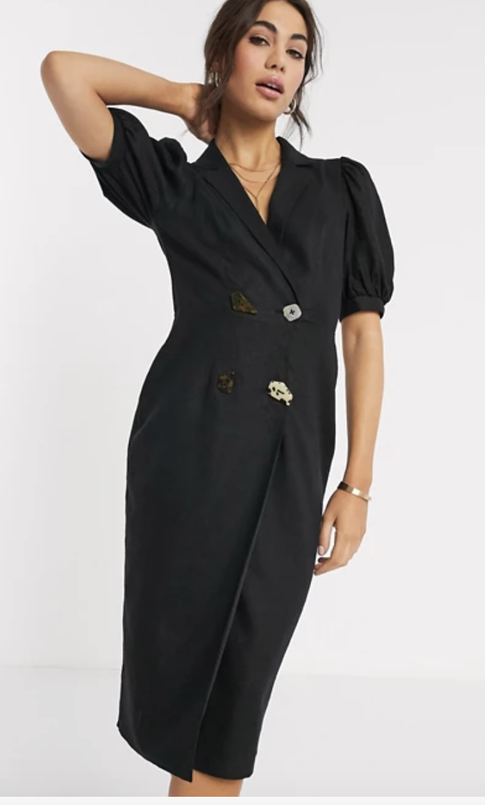 ASOS DESIGN casual midi tux dress with mixed buttons in black. PHOTO: ASOS