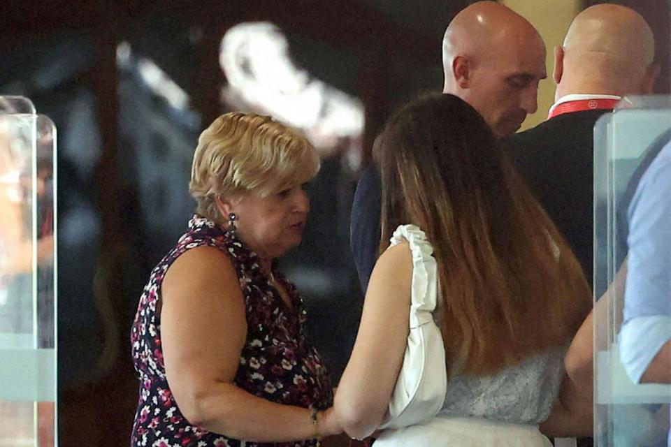 PHOTO: FILE - Luis Rubiales president of the Spanish Royal Football Federation (RFEF) flanked by his mother Angeles Bejar is pictured after attending an extraordinary general assembly of the federation, Aug. 25, 2023 in Las Rozas de Madrid. (Pierre-philippe Marcou/AFP via Getty Images, FILE)