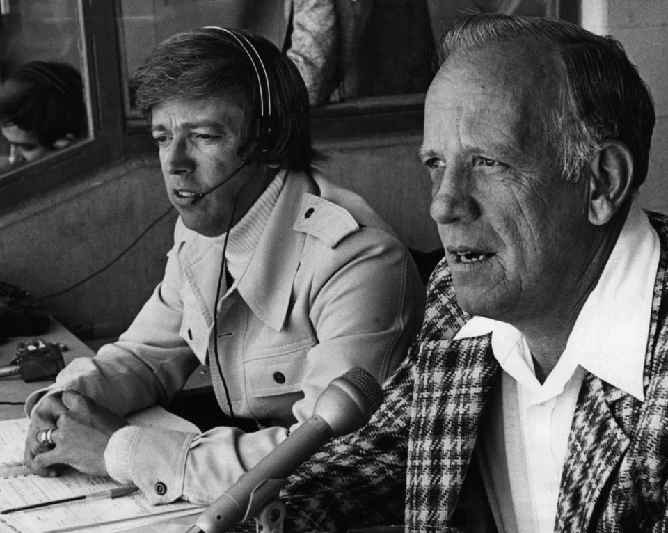 APRIL 11, 1976: Reds' Mikemen Marty Brennaman, left, and Joe Nuxhall.