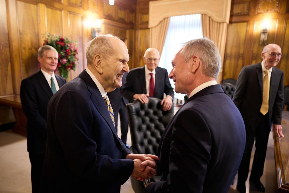 President Russell M. Nelson visits with Csaba Korosi, president of the United Nations General Assembly, in Salt Lake City.