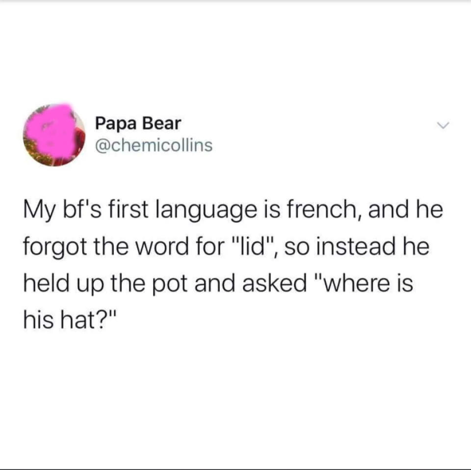 tweet reading my bf&#39;s first language is french and he forgot the word for lid so instead held up a pot and asked where is his hat