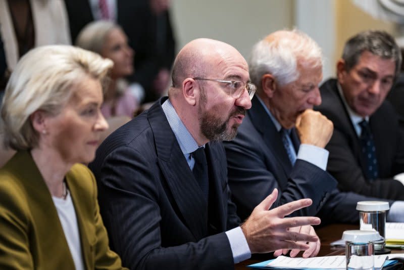 European Commission President Ursula von der Leyen (L) with European Council President Charles Michel (C) at the White House during a U.S.-EU Summit in October 2023. Von der Leyen was Germany's Defense Minister. File Photo by Al Drago/UPI