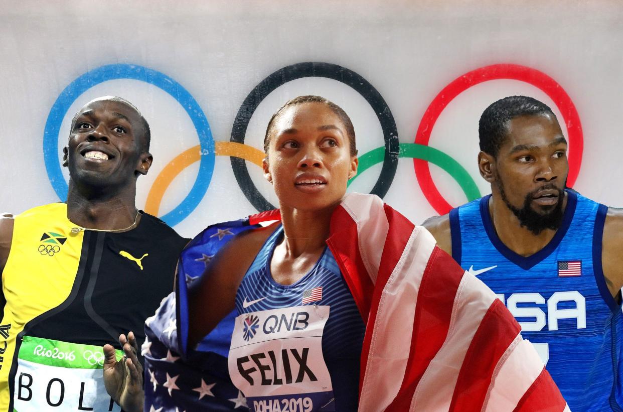 Usain Bolt, Allyson Felix, and Kevin Durant in front of the Olympic rings.