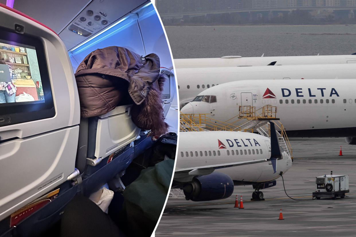A photo of a Delta Airlines passenger's heavy jacket covering the TV screen of the flyer behind her has gone viral on Reddit with this simple phrase: 