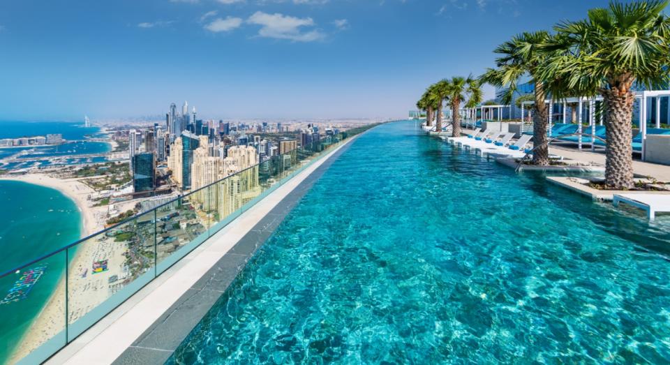 The 94-metre long infinity pool looks over the Dubai skyline. (Address Beach Resort)