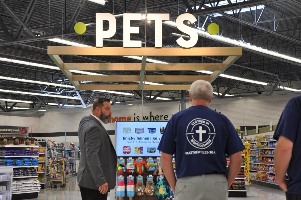 Patrick Hughes, store director at the Alliance Meijer superstore, guided guests through the new store on May 8, 2024. Here, he shows the pets department.