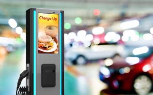 Melitron's new Level 2 EV Charger Series with HD digital signage is fully customizable in design, colour, graphics and LED accent lighting.