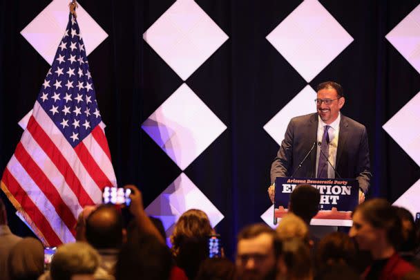 PHOTO: Adrian Fontes, Democratic candidate for Arizona Secretary of State speaks at an election night watch party at the Renaissance Phoenix Downtown Hotel on Nov. 8, 2022, in Phoenix, Ariz. (Christian Petersen/Getty Images)