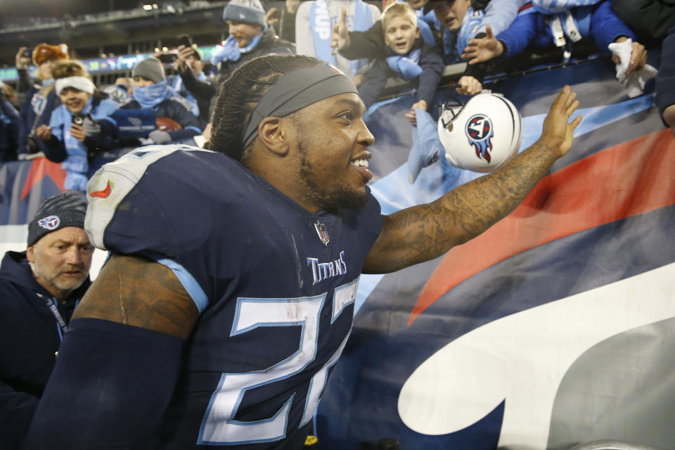 Tennessee Titans running back Derrick Henry had a historic effort in a win over the Jacksonville Jaguars. (AP Photo/James Kenney)